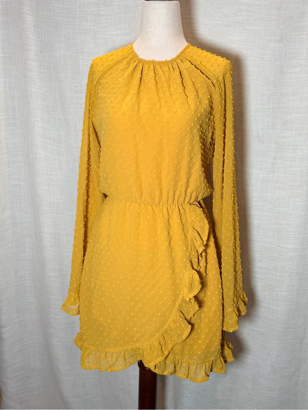 Missguided Mustard Textured Long Sleeve Ruffle Mini Dress